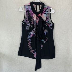 New York & Company Blouse Women’s XS Sleeveless Floral Tie‎ Neck Top